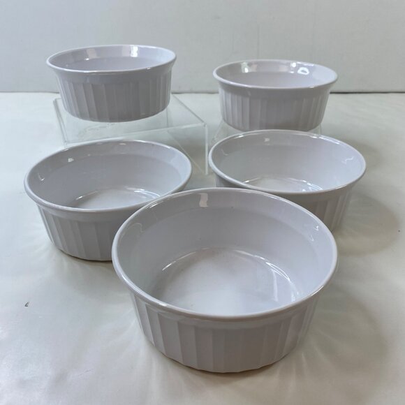 CorningWare French White F-16-B 16 oz Round Dish Set 5 Ribbed Oven Safe Vintage - Picture 1 of 8